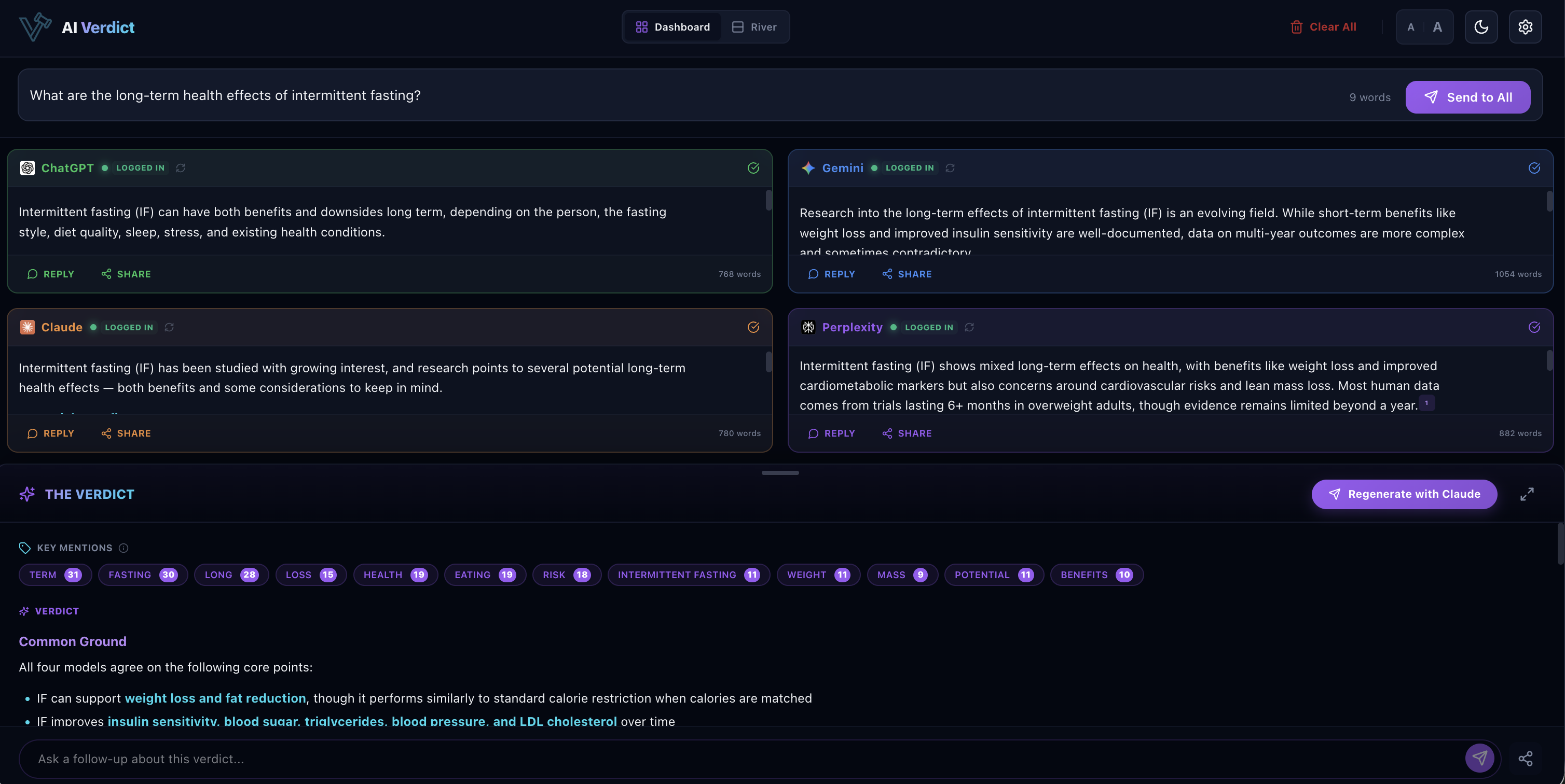 AI Verdict dashboard showing four AI models answering a health question simultaneously