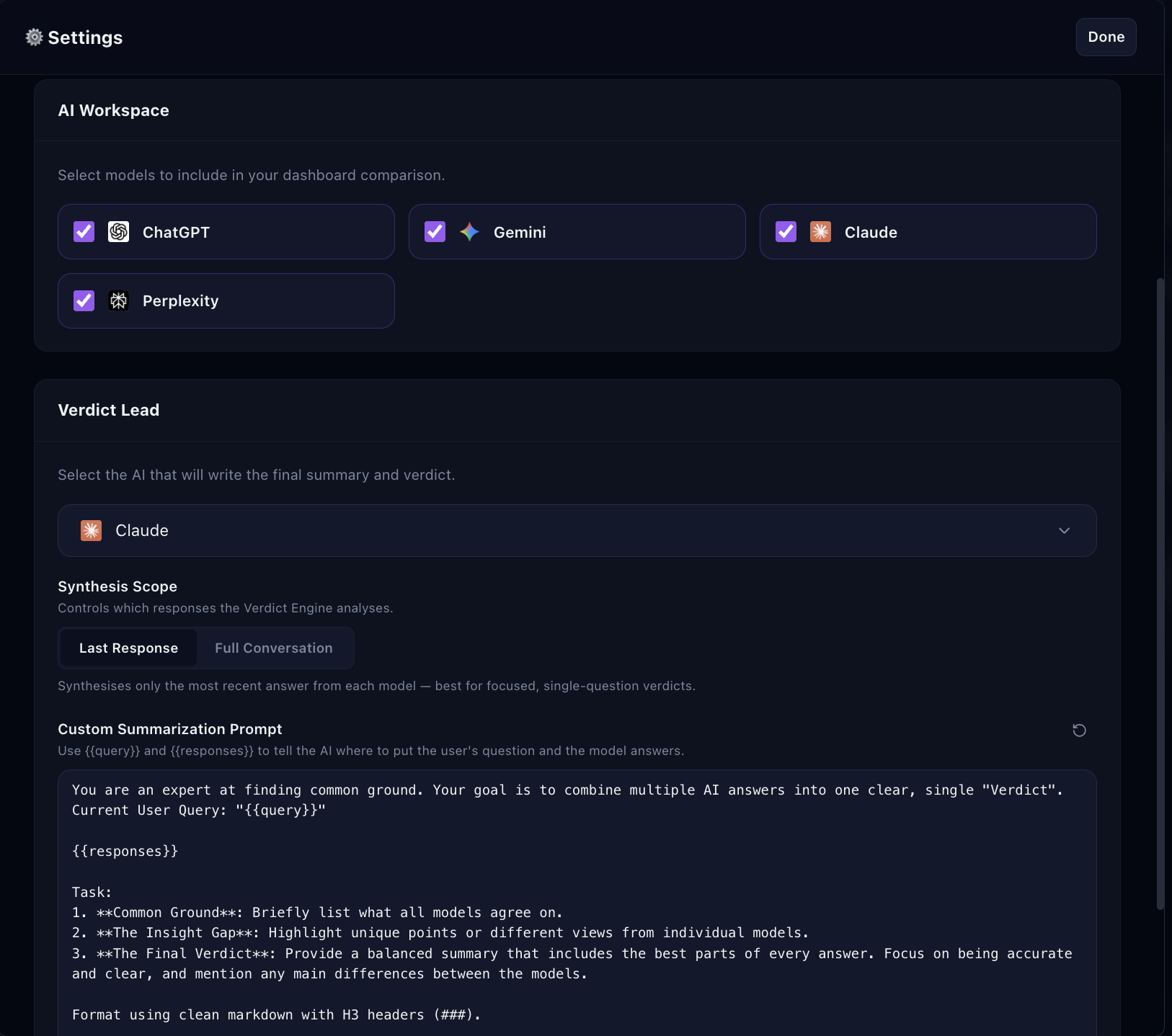 AI Verdict settings showing model selection, Verdict Lead, and Custom Summarization Prompt