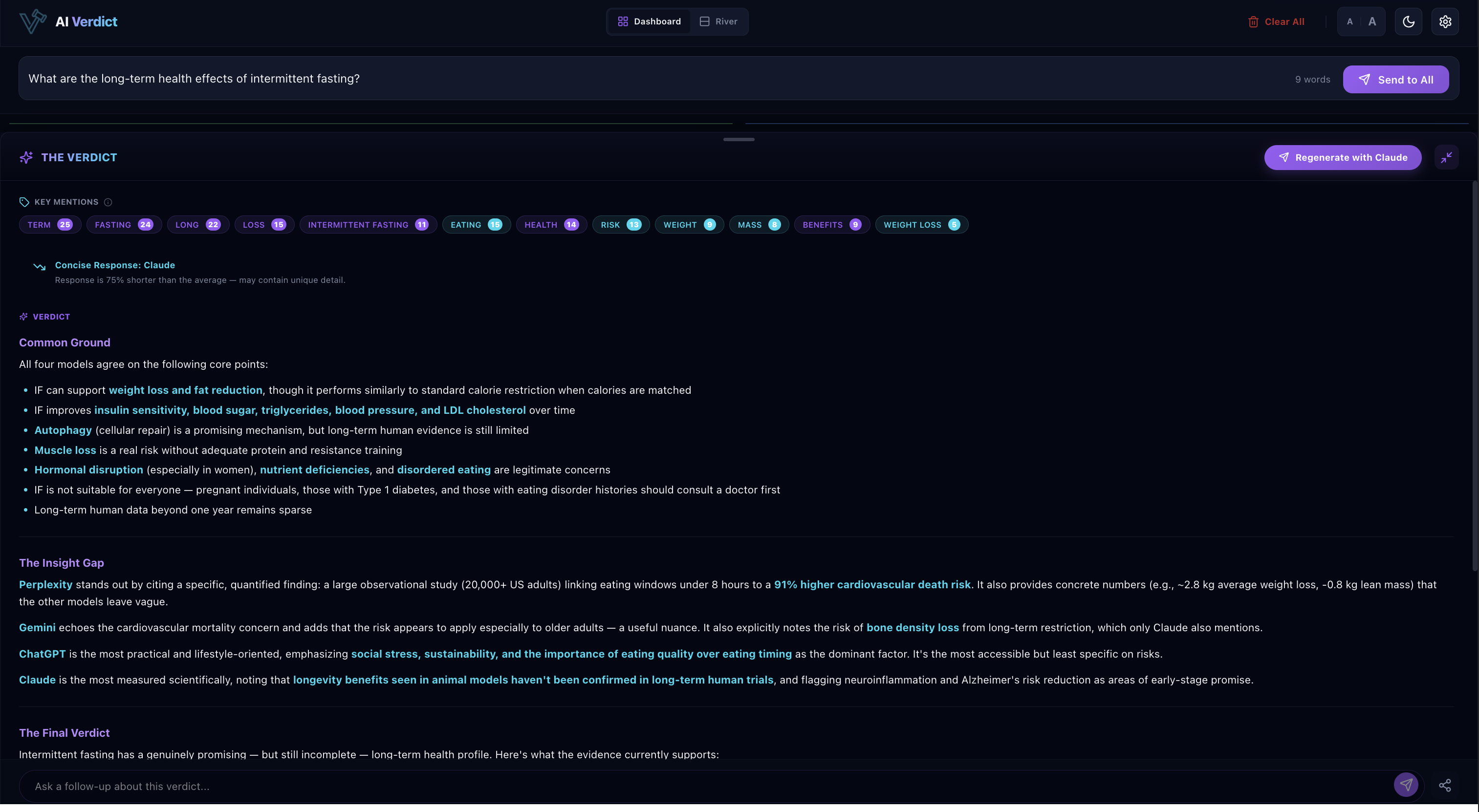 The Verdict Engine showing Key Mentions, Common Ground, Insight Gap, and Final Verdict